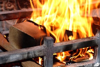 Wooden briquette burning with bright flames in a cast iron fire basket