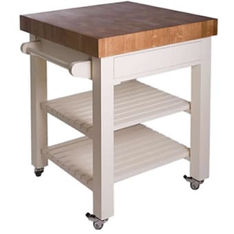End grain kitchen trolley with cream base, two slatted shelves and locking wheels
