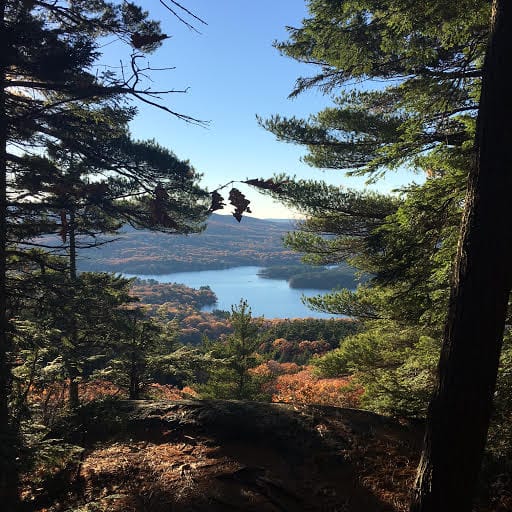 Lake framed by pines and autumn woodland from a rocky New England overlook
