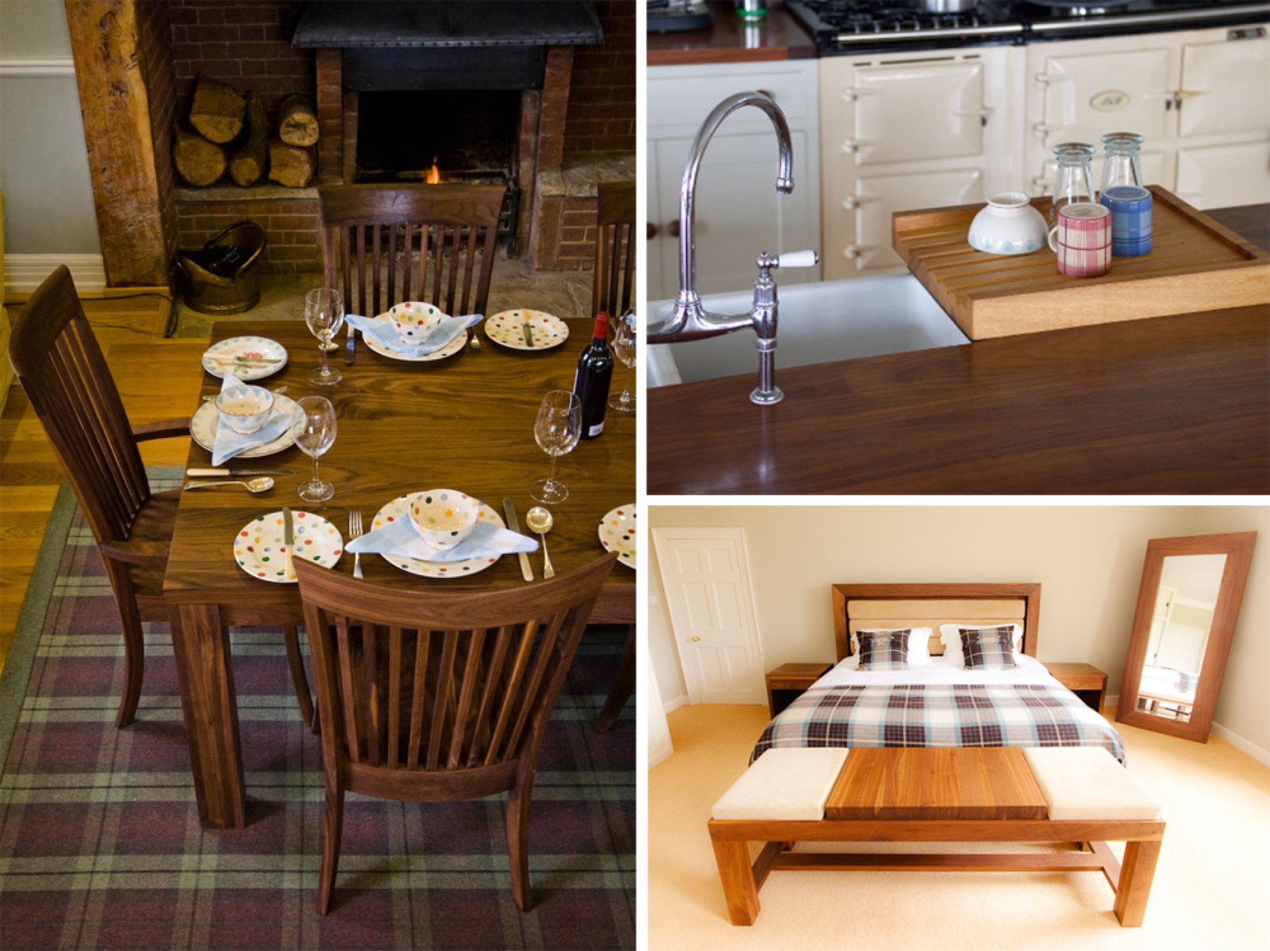 Walnut dining table set for dinner, walnut worktop with draining grooves and bedroom furniture