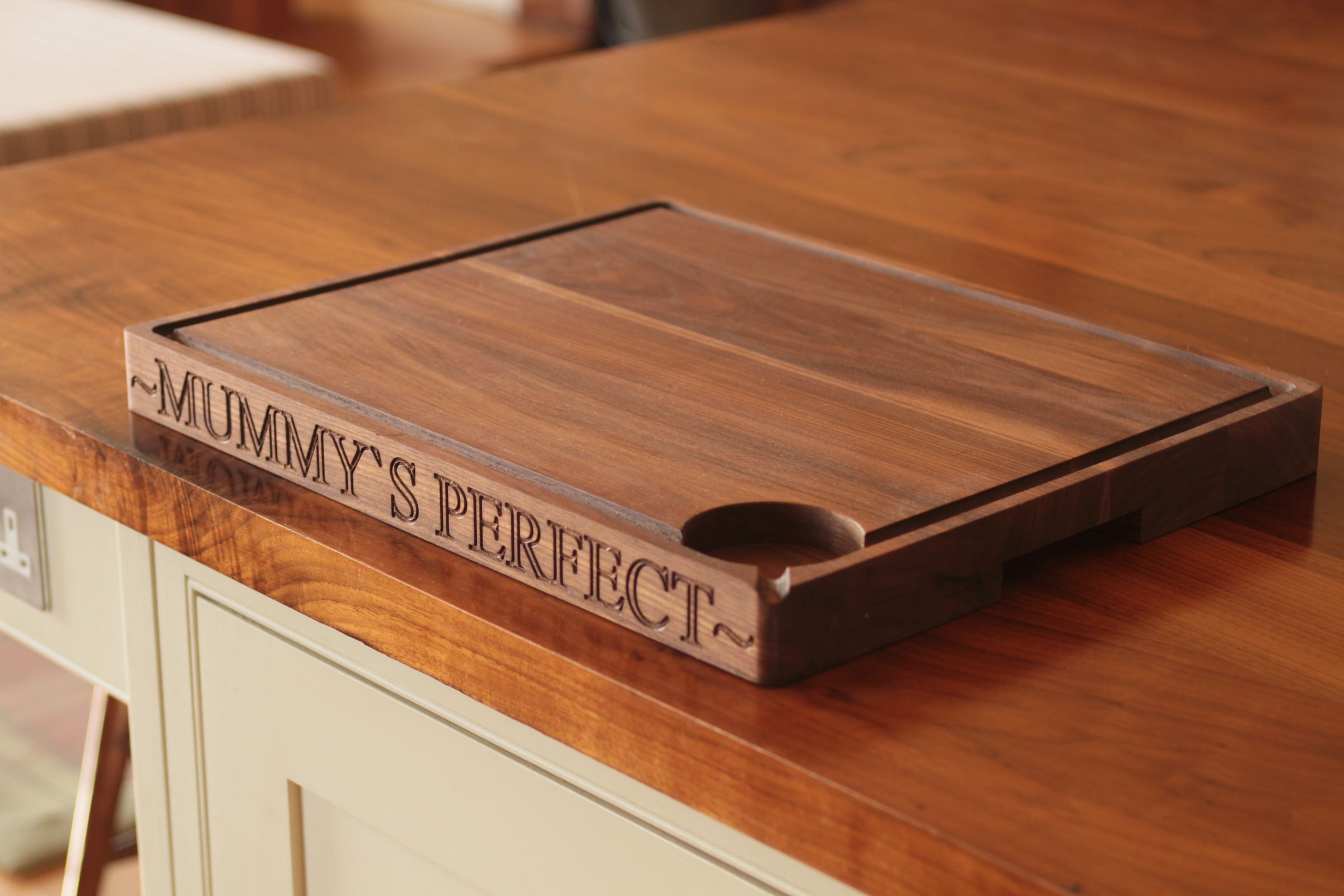 Walnut carving board engraved with Mummy's Perfect, with drainage groove and well