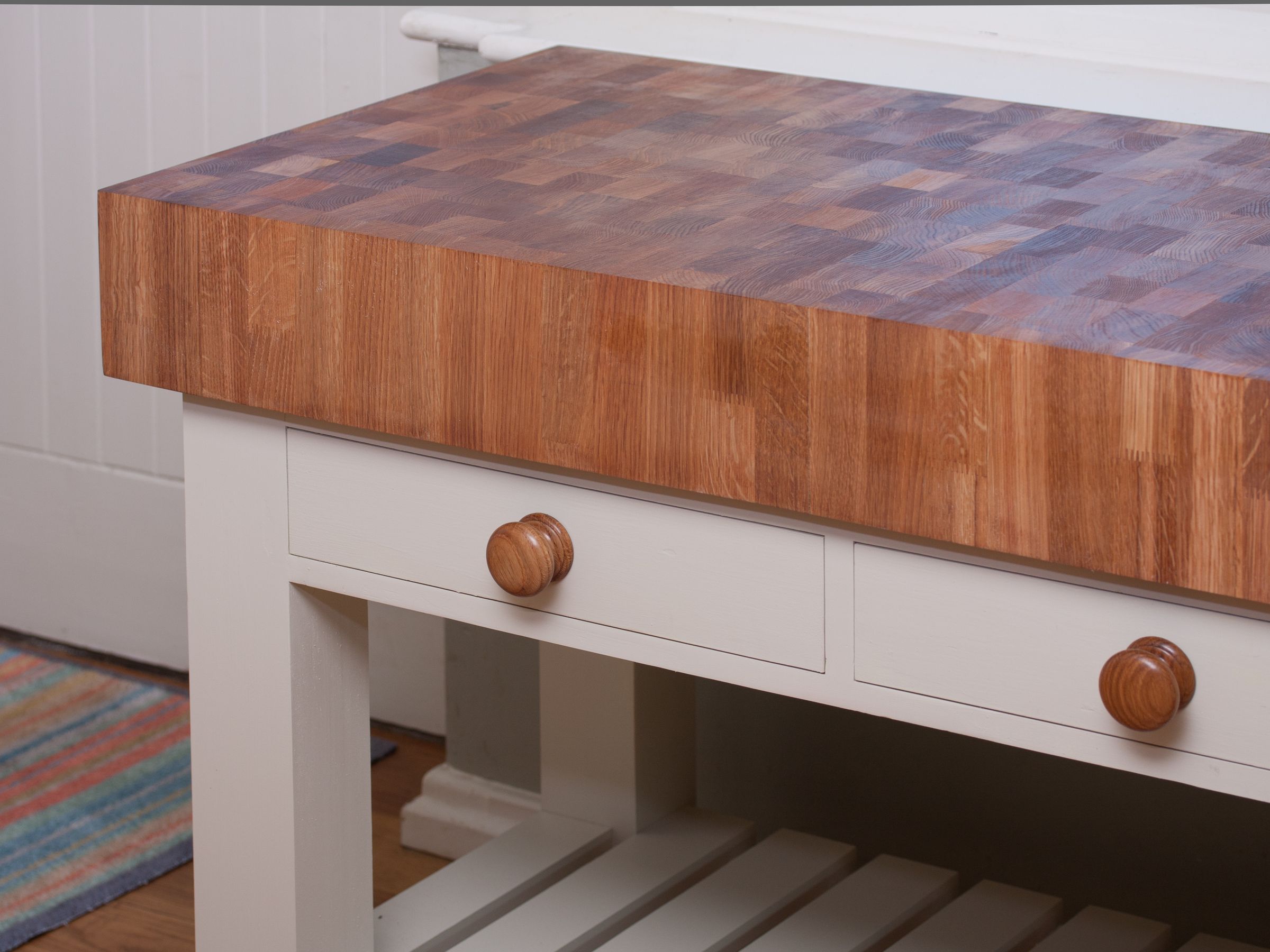 End grain butcher's block trolley top with painted base, drawers and slatted shelf
