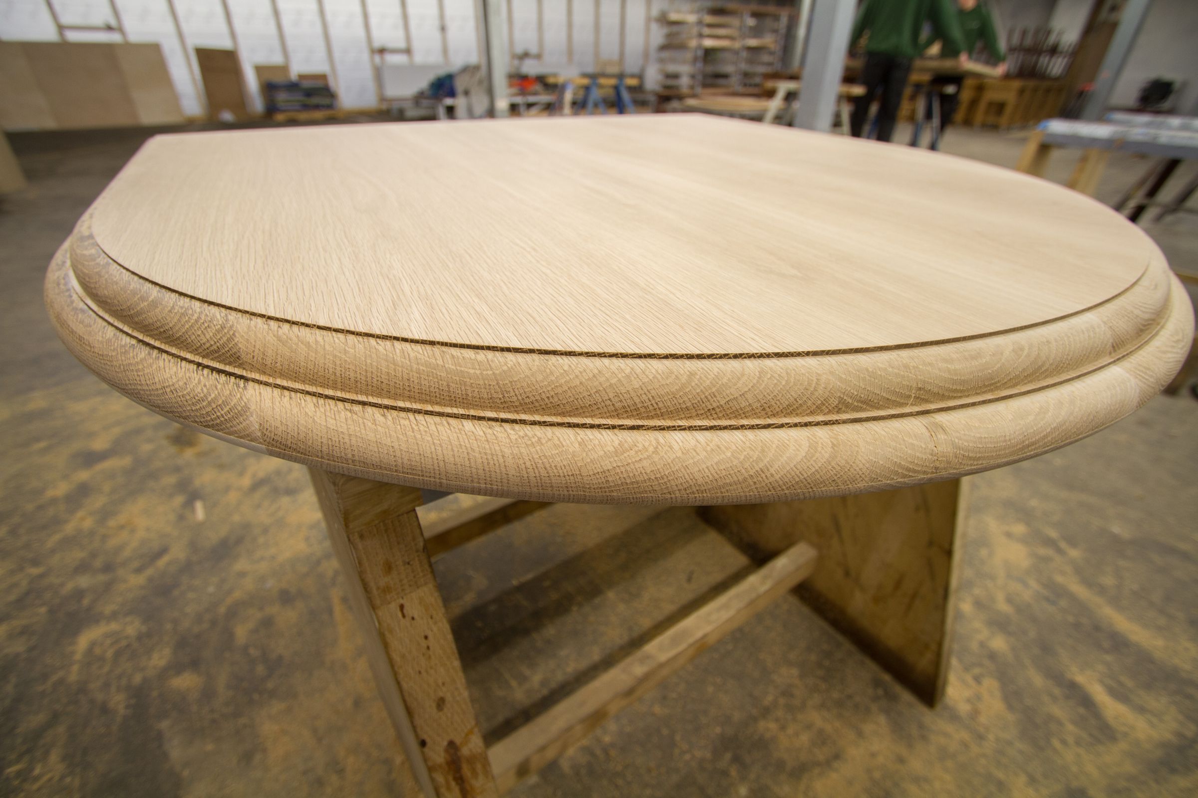 bespoke worktop edging Double bullnose edging on a thick rounded white oak worktop in the workshop
